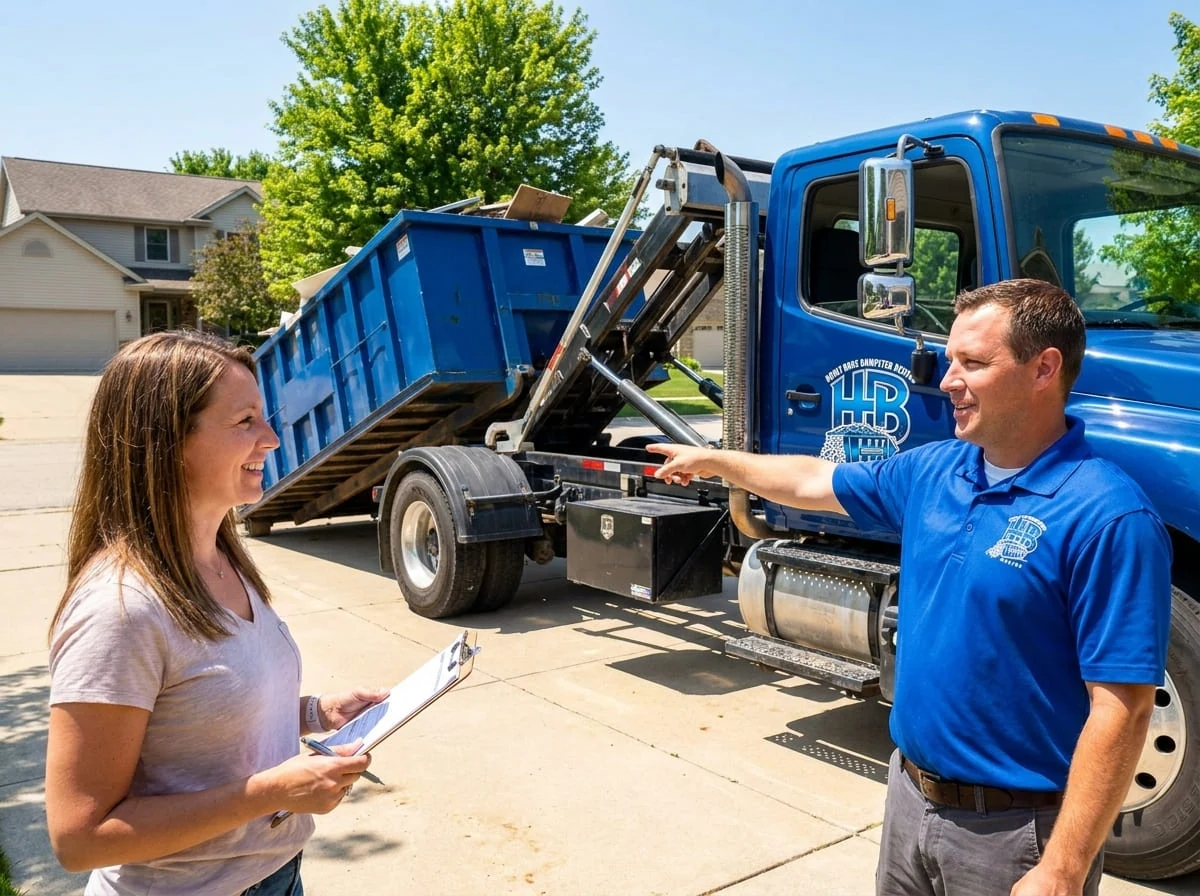 A Hoult Bros Dumpster Rental Racine driver talking through a delivery with a Racine, WI homeowner