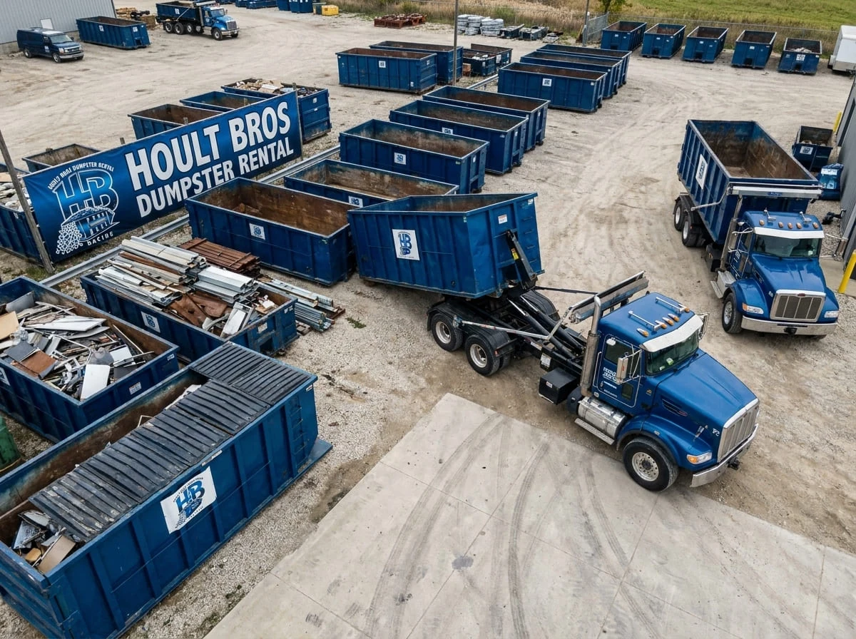 Trucks staged at the Hoult Bros Dumpster Rental Racine yard on 6143 Regency W Dr in Racine, WI